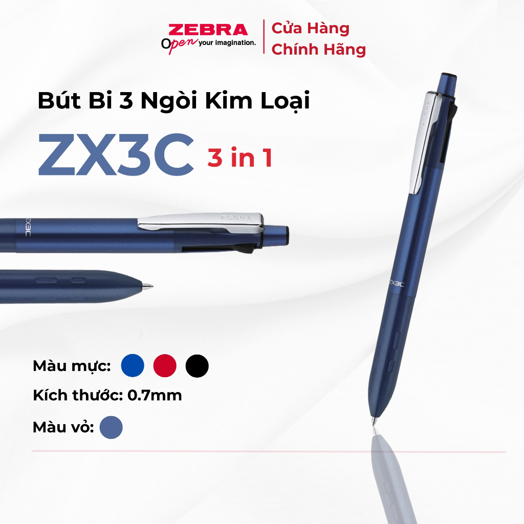 Bút Bi 3 Ngòi ZX3C Kim Loại Zebra Pen - 3 Mực Xanh Đen Đỏ, Kèm Hộp