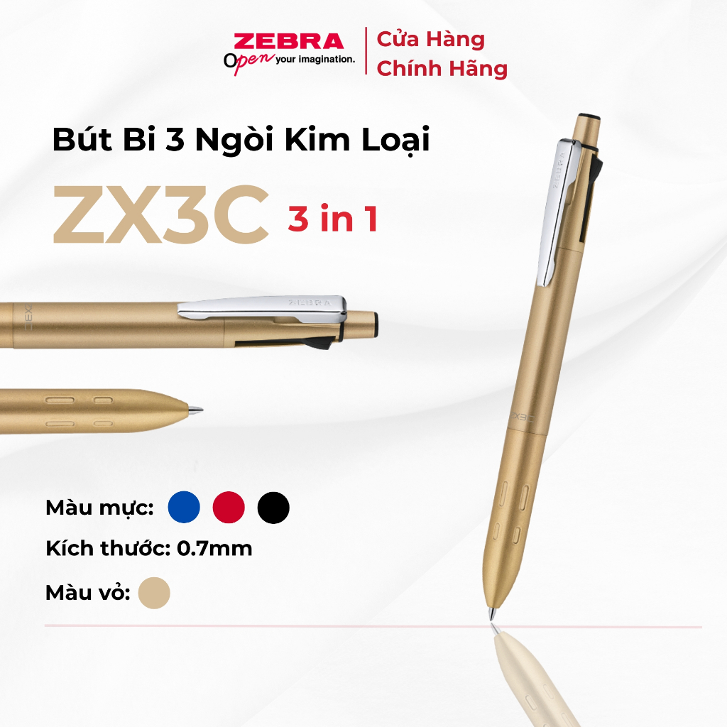 Bút Bi 3 Ngòi ZX3C Kim Loại Zebra Pen - 3 Mực Xanh Đen Đỏ, Kèm Hộp
