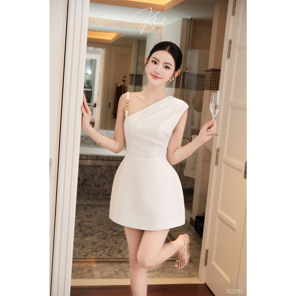 Đầm ngắn Khiết Style xược ý lệch vai phối móc xích vàng phong cách thanh lịch KD291
