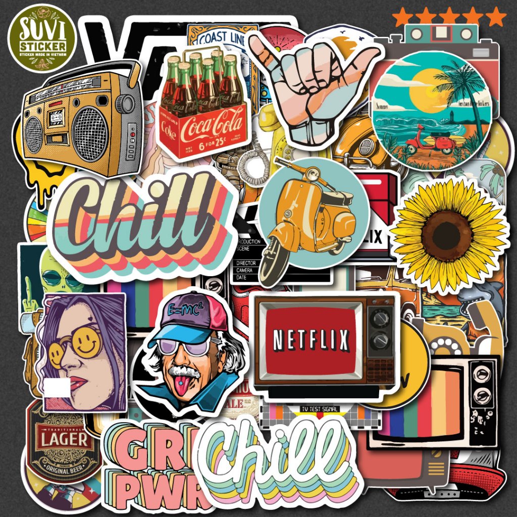50 Sticker Vintage Mix chống nước sticker dán mũ bảo hiểm, laptop, điện ...