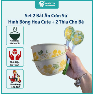 Set 2 Bát Ăn Cơm Sứ Hình Bông Hoa Cute + 2 Thìa Cho Bé – Chén Ăn Hoạt Hình Dễ Thương