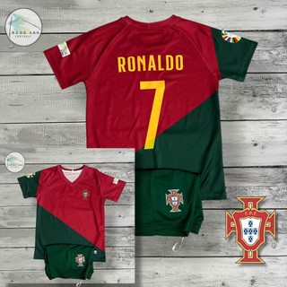 Bộ đồ bóng đá trẻ em Ronaldo Bồ Đào Nha 2024 | In sẵn tên số 7 | Vải mè mát | Size 18-50kg