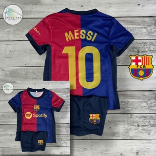 Bộ đồ bóng đá trẻ em Messi Barca 2024 | In sẵn tên số | Vải mè | Size 18–50kg