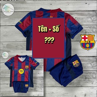 Bộ đồ bóng đá trẻ em Messi Barca 2024 | In sẵn tên số | Vải mè | Size 18–50kg