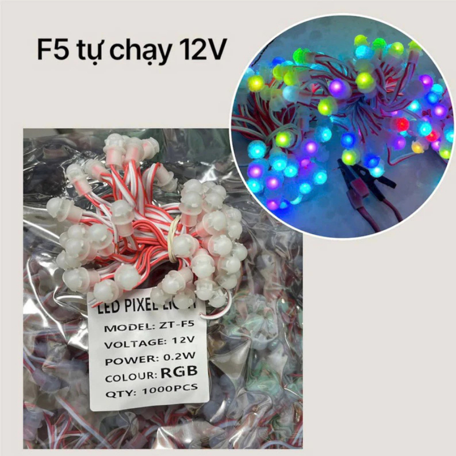 Led Đúc F5 RGB tự đổi màu Điện áp 12v - Dây 50 Bóng