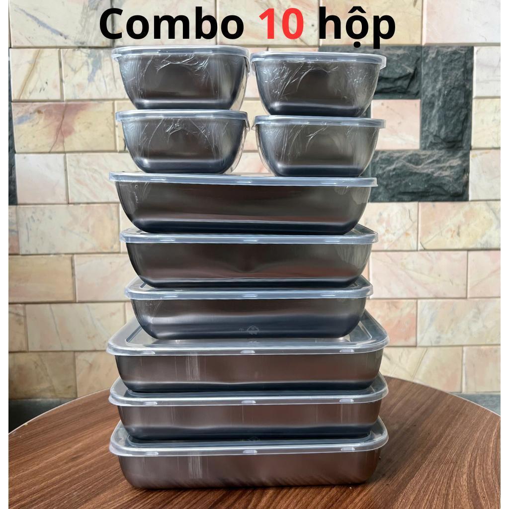 COMBO 10 Hộp Đựng Thực Phẩm Inox Gồm 3 hộp Đại 25x20x6 - 3 hộp trung 22x15x6 - 4 hộp nhỏ 13.5x10.5x6, Kèm Nắp Đậy