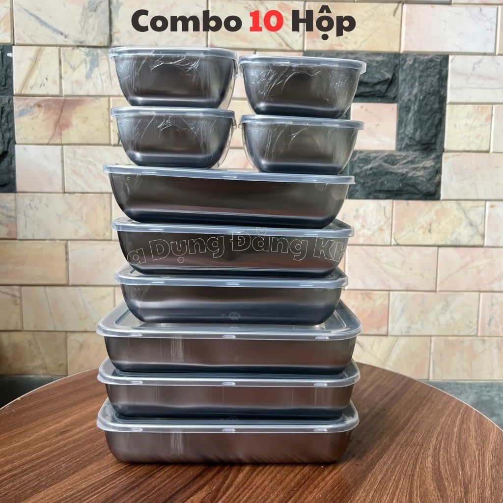 COMBO 10 Hộp Đựng Thực Phẩm Inox Gồm 3 hộp Đại 25x20x6 - 3 hộp trung 22x15x6 - 4 hộp nhỏ 13.5x10.5x6, Kèm Nắp Đậy