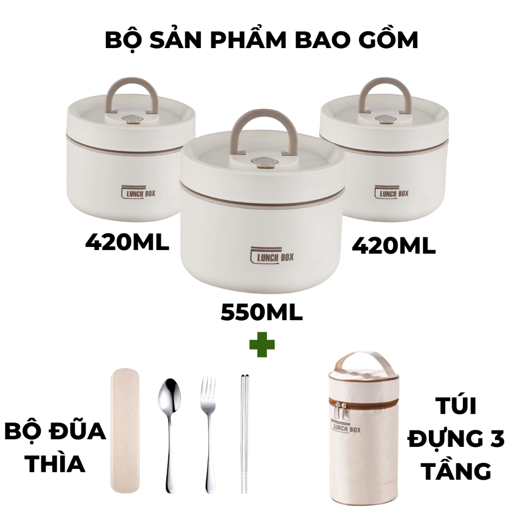 Hộp Cơm Giữ Nhiệt ,Hộp Cơm Trưa Văn Phòng Inox 304 Dùng Được Lò Vi Sóng ( Tặng Kèm Túi + Bộ Đũa Thìa)