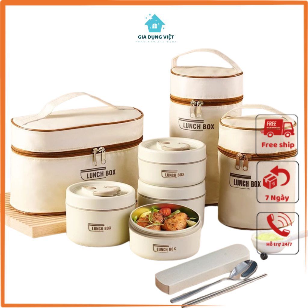 Hộp Cơm Giữ Nhiệt ,Hộp Cơm Trưa Văn Phòng Inox 304 Dùng Được Lò Vi Sóng ( Tặng Kèm Túi + Bộ Đũa Thìa)
