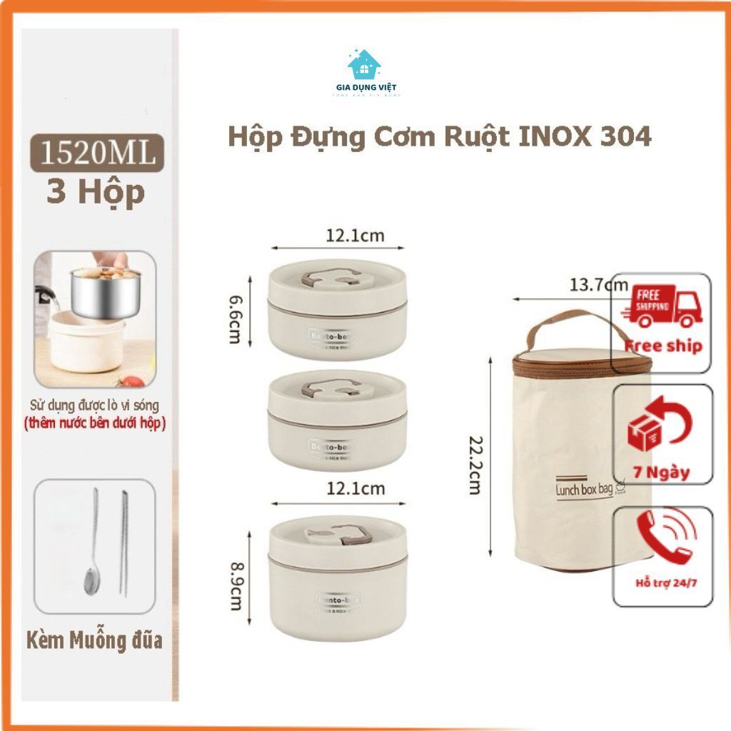 Hộp Cơm Giữ Nhiệt ,Hộp Cơm Trưa Văn Phòng Inox 304 Dùng Được Lò Vi Sóng ( Tặng Kèm Túi + Bộ Đũa Thìa)