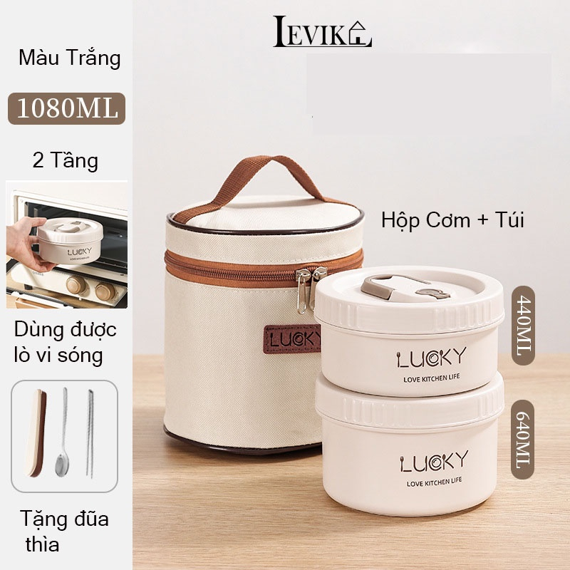Hộp Cơm Giữ Nhiệt ,Hộp Cơm Trưa Văn Phòng Inox 304 Dùng Được Lò Vi Sóng ( Tặng Kèm Túi + Bộ Đũa Thìa)