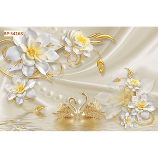 Tranh chim thiên nga dán tường, tranh hoa 3D trang trí phòng ngủ, tranh in trên chất liệu vải lụa(shop tặng kèm keo dán)