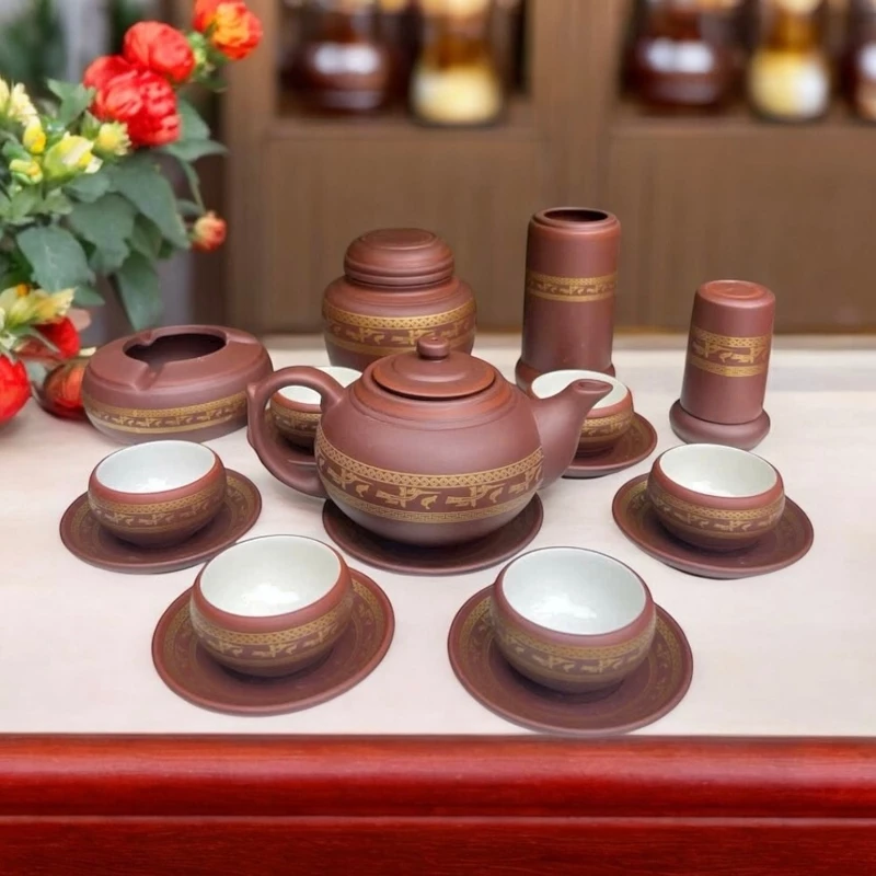 Bộ Ấm Trà Tử Sa Hoạ Tiết Chim Lạc Đông Sơn - NNƯT Vương Mạnh Tuấn - Ấm chén Tử Sa Bát Tràng Cao Cấp — ảnh 1