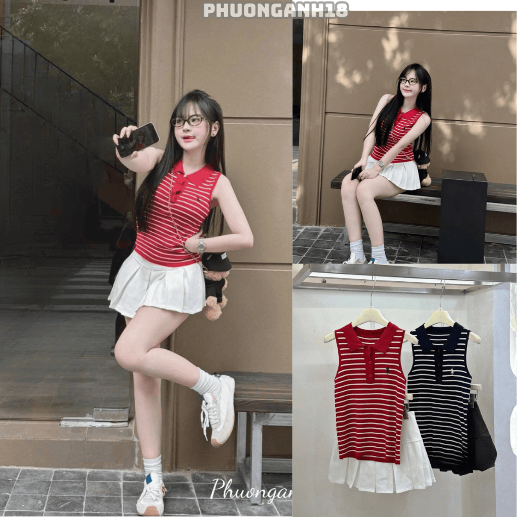 [Deal mở bán] Áo polo len sát nách họa tiết kẻ ngang hình thêu hàng qc A207