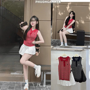 Áo polo len sát nách họa tiết kẻ ngang hình thêu hàng qc A207