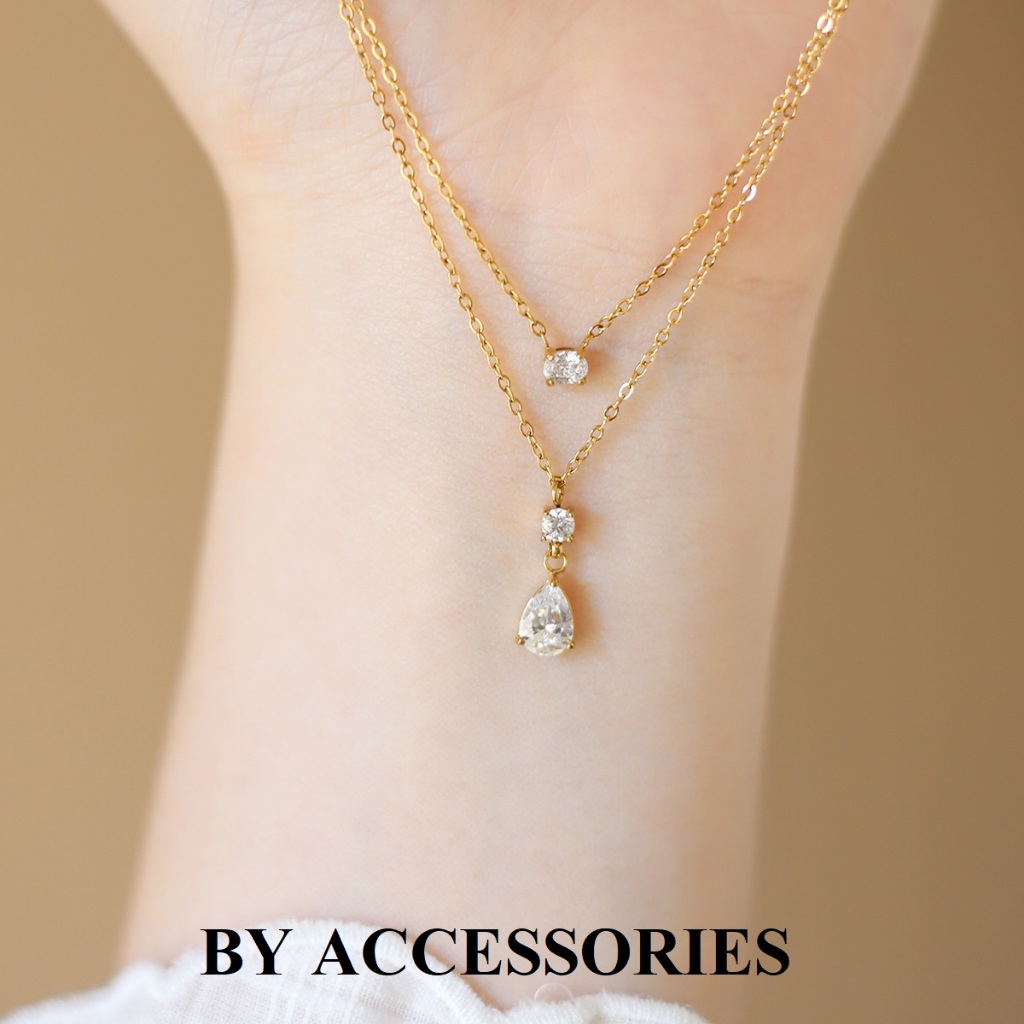 Dây chuyền nữ titan 2 tầng xích mảnh mạ vàng 18K phối đá oval và đá hình giọt nước xinh lấp lánh không gỉ WN2523