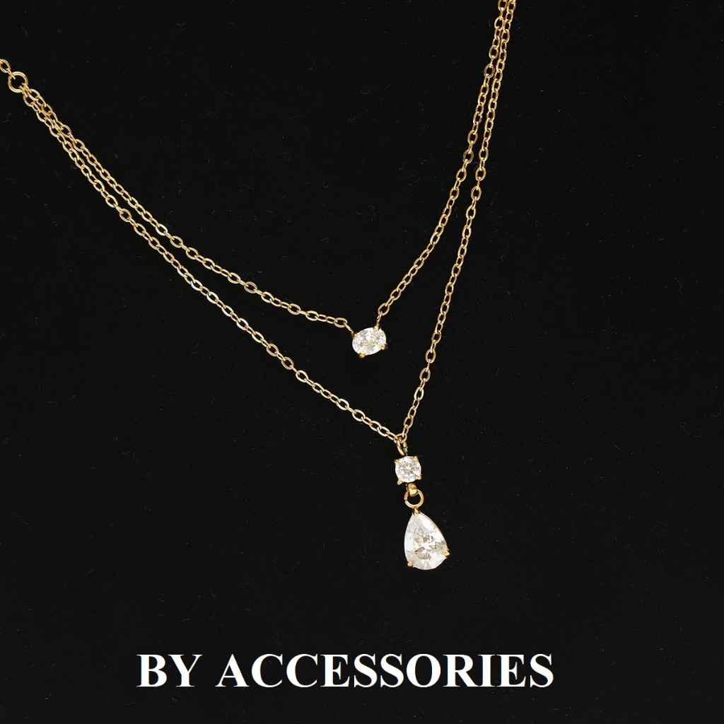 Dây chuyền nữ titan 2 tầng xích mảnh mạ vàng 18K phối đá oval và đá hình giọt nước xinh lấp lánh không gỉ WN2523
