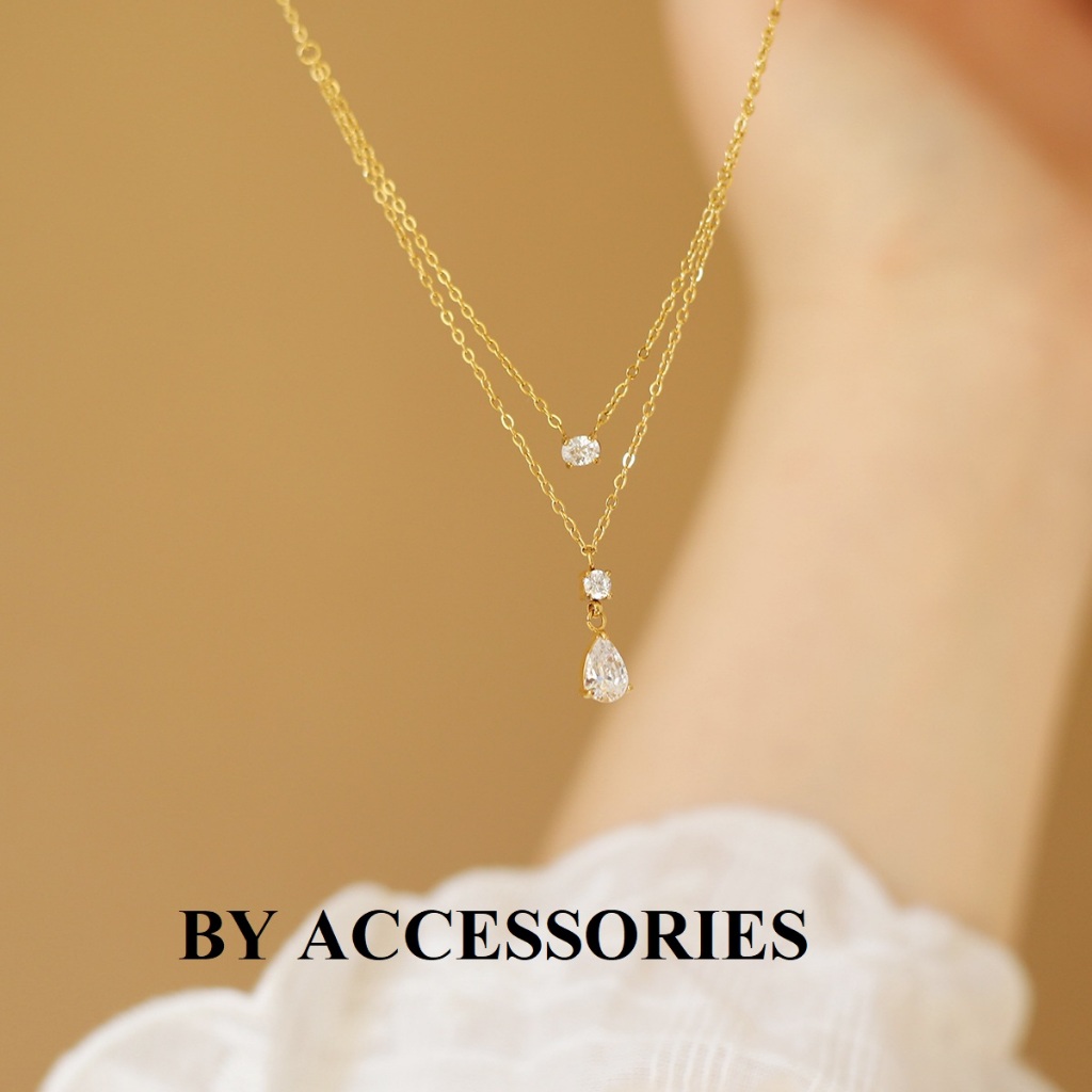 Dây chuyền nữ titan 2 tầng xích mảnh mạ vàng 18K phối đá oval và đá hình giọt nước xinh lấp lánh không gỉ WN2523