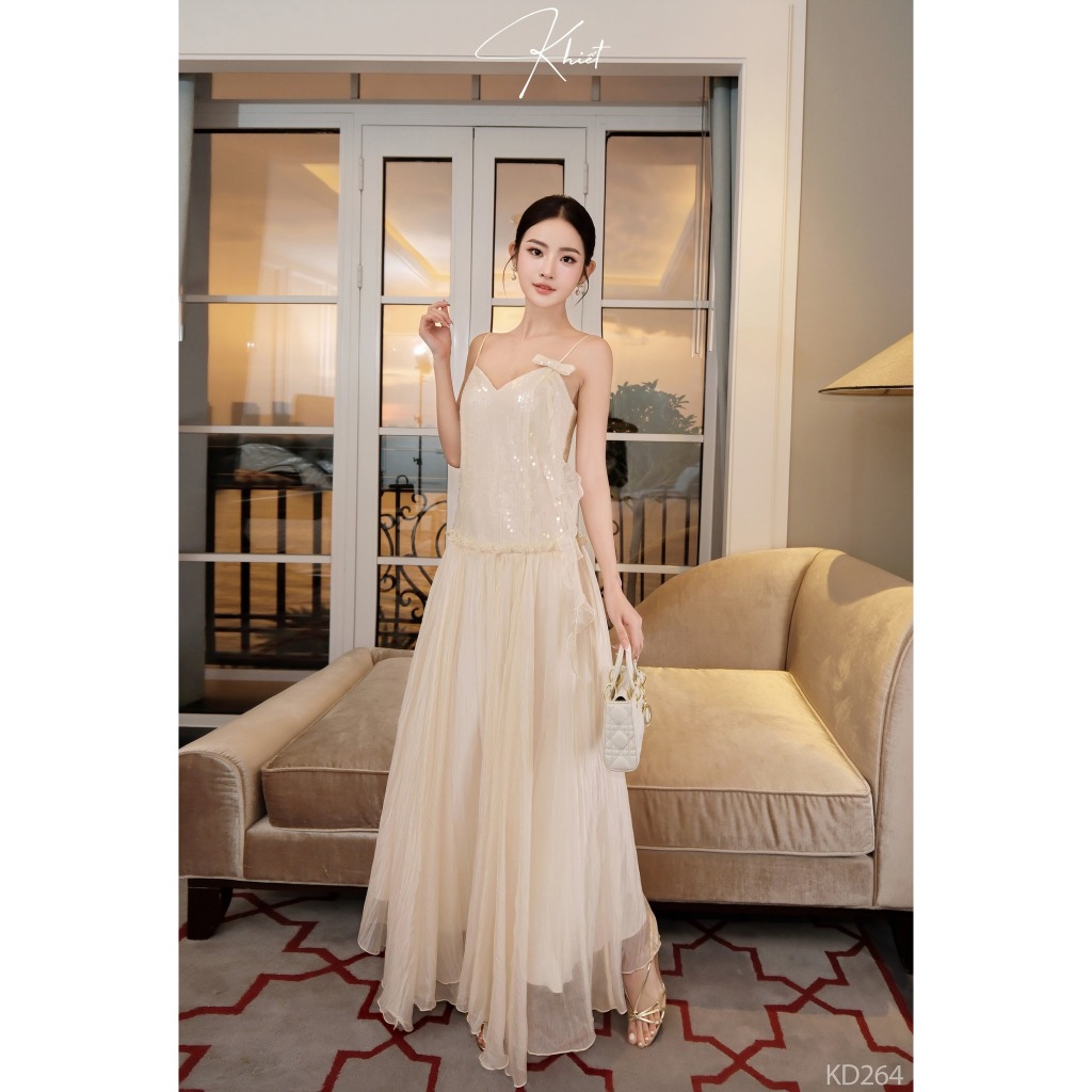 Đầm Khiết Style dáng dài tơ hàn phối sequin lấp lánh phong cách sự tiệc sang trọng KD264