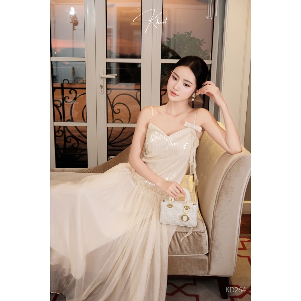 Đầm Khiết Style dáng dài tơ hàn phối sequin lấp lánh phong cách sự tiệc sang trọng KD264
