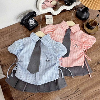 Quần áo hè, Sét 3 chi tiết áo sơ mi cộc tay kẻ sọc mix váy xếp ly xám kèm cà vạt cho bé gái