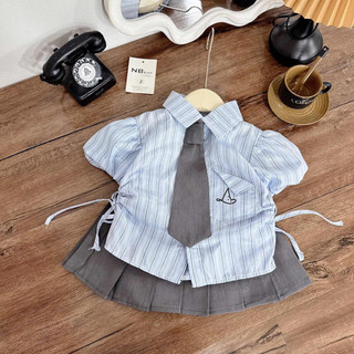 Quần áo hè, Sét 3 chi tiết áo sơ mi cộc tay kẻ sọc mix váy xếp ly xám kèm cà vạt cho bé gái