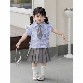 Quần áo hè, Sét 3 chi tiết áo sơ mi cộc tay kẻ sọc mix váy xếp ly xám kèm cà vạt cho bé gái