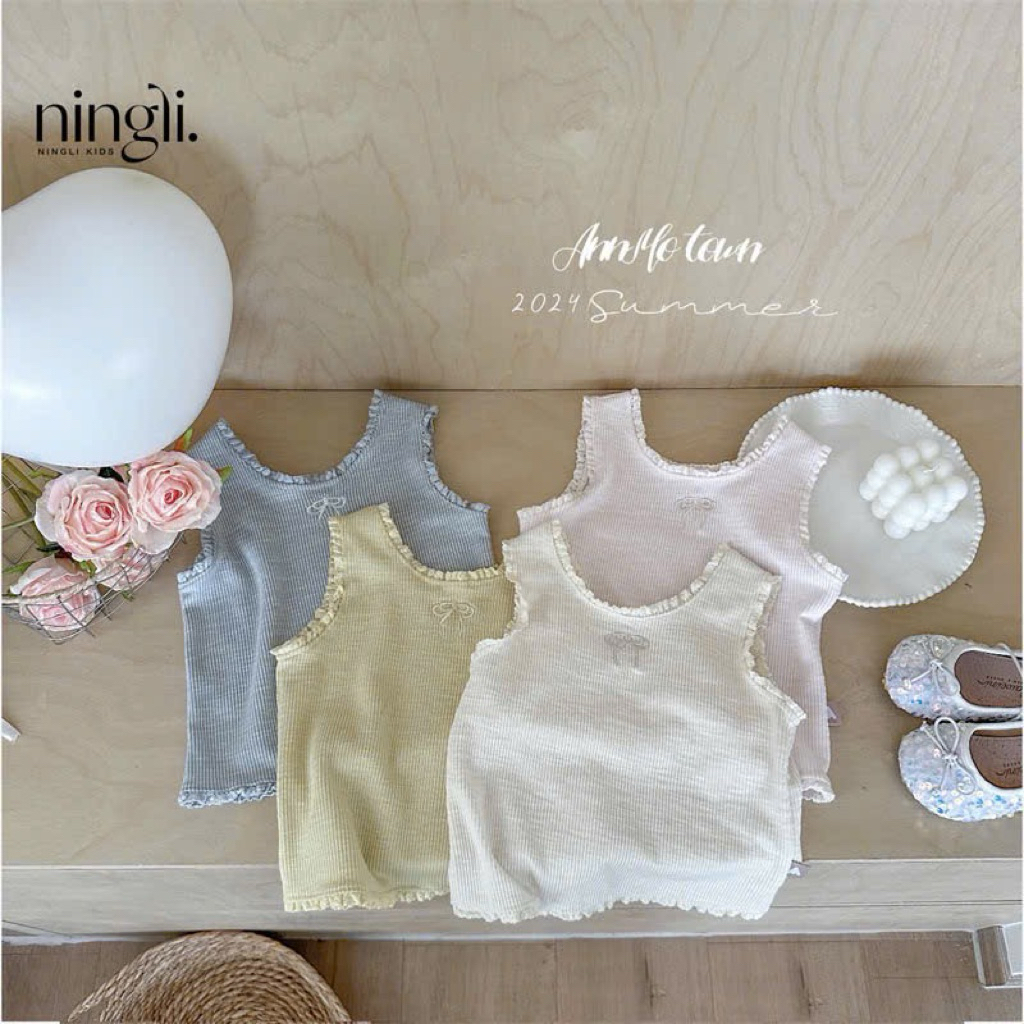 (Order) Áo thun sát nách ren bèo thêu nơ điệu phong cách xinh xắn dành cho bé gái