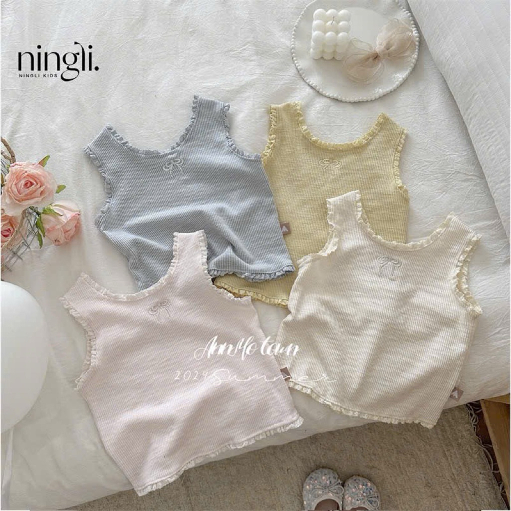 (Order) Áo thun sát nách ren bèo thêu nơ điệu phong cách xinh xắn dành cho bé gái