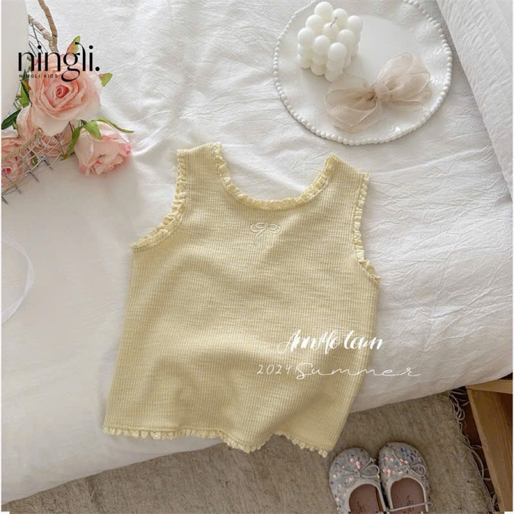 (Order) Áo thun sát nách ren bèo thêu nơ điệu phong cách xinh xắn dành cho bé gái