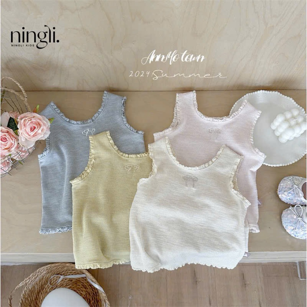 (Order) Áo thun sát nách ren bèo thêu nơ điệu phong cách xinh xắn dành cho bé gái