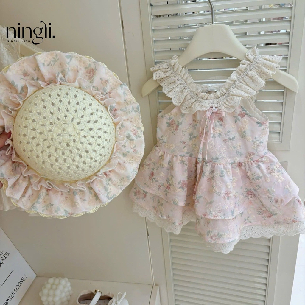 (Order) Váy cổ yếm hở nách hoa nhí bèo ren điệu tiểu thư dành cho bé gái