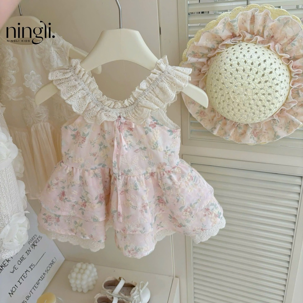 (Order) Váy cổ yếm hở nách hoa nhí bèo ren điệu tiểu thư dành cho bé gái