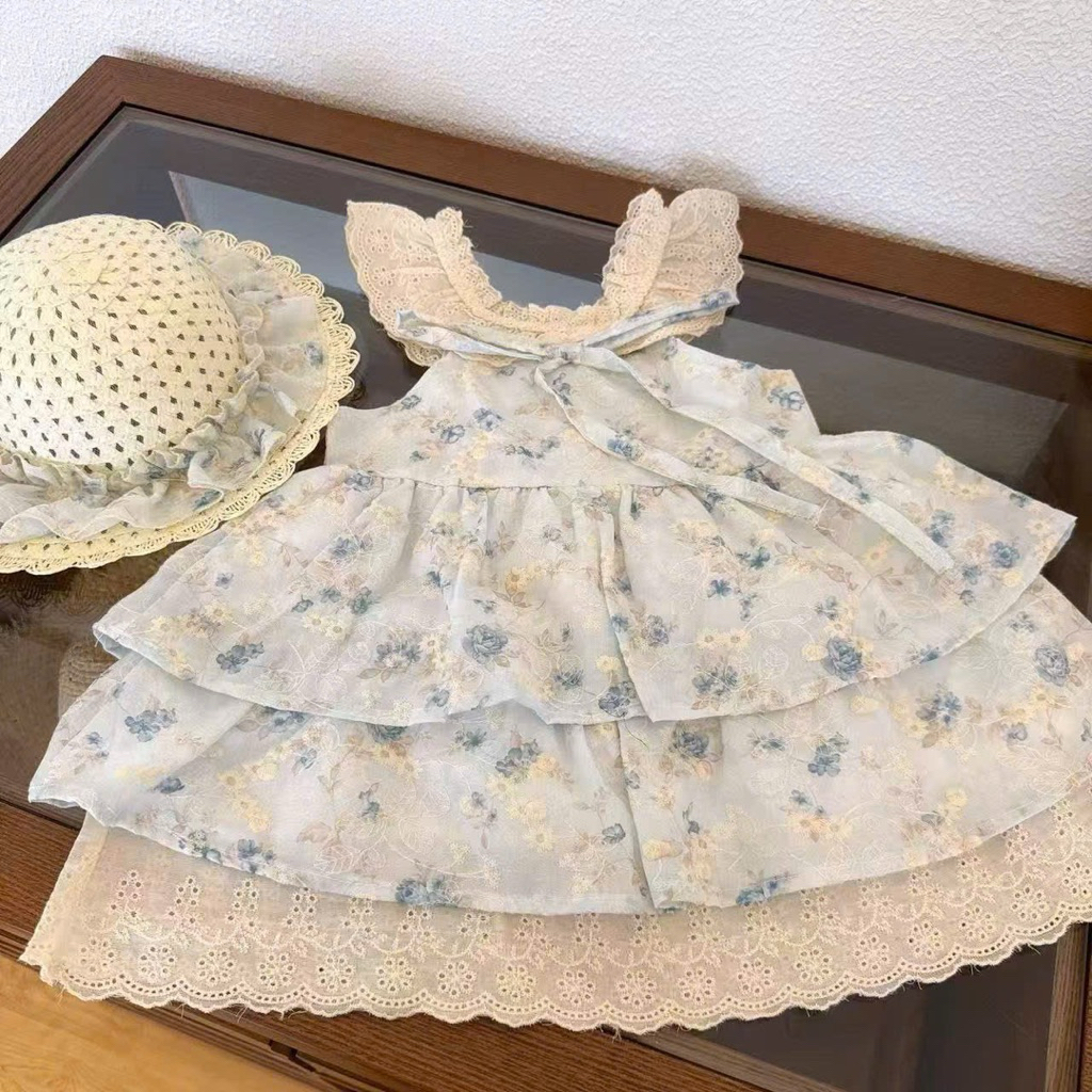(Order) Váy cổ yếm hở nách hoa nhí bèo ren điệu tiểu thư dành cho bé gái