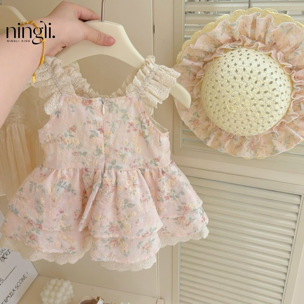 (Order) Váy cổ yếm hở nách hoa nhí bèo ren điệu tiểu thư dành cho bé gái