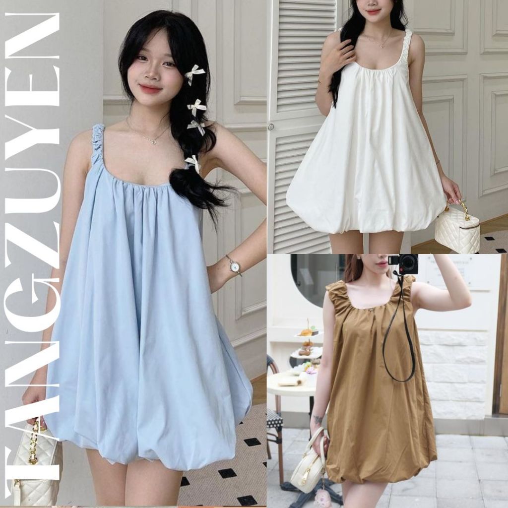 Váy 2 dây babydoll dáng bí phồng 2 lớp cổ vuông Đầm bầu áo dáng rộng cute dễ thương chubby T219G