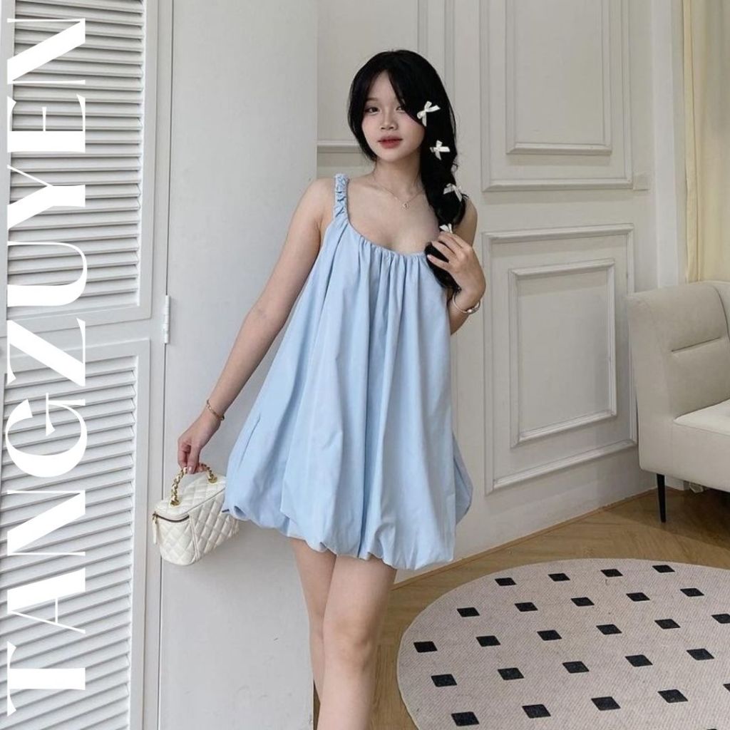 Váy 2 dây babydoll dáng bí phồng 2 lớp cổ vuông Đầm bầu áo dáng rộng cute dễ thương chubby T219G