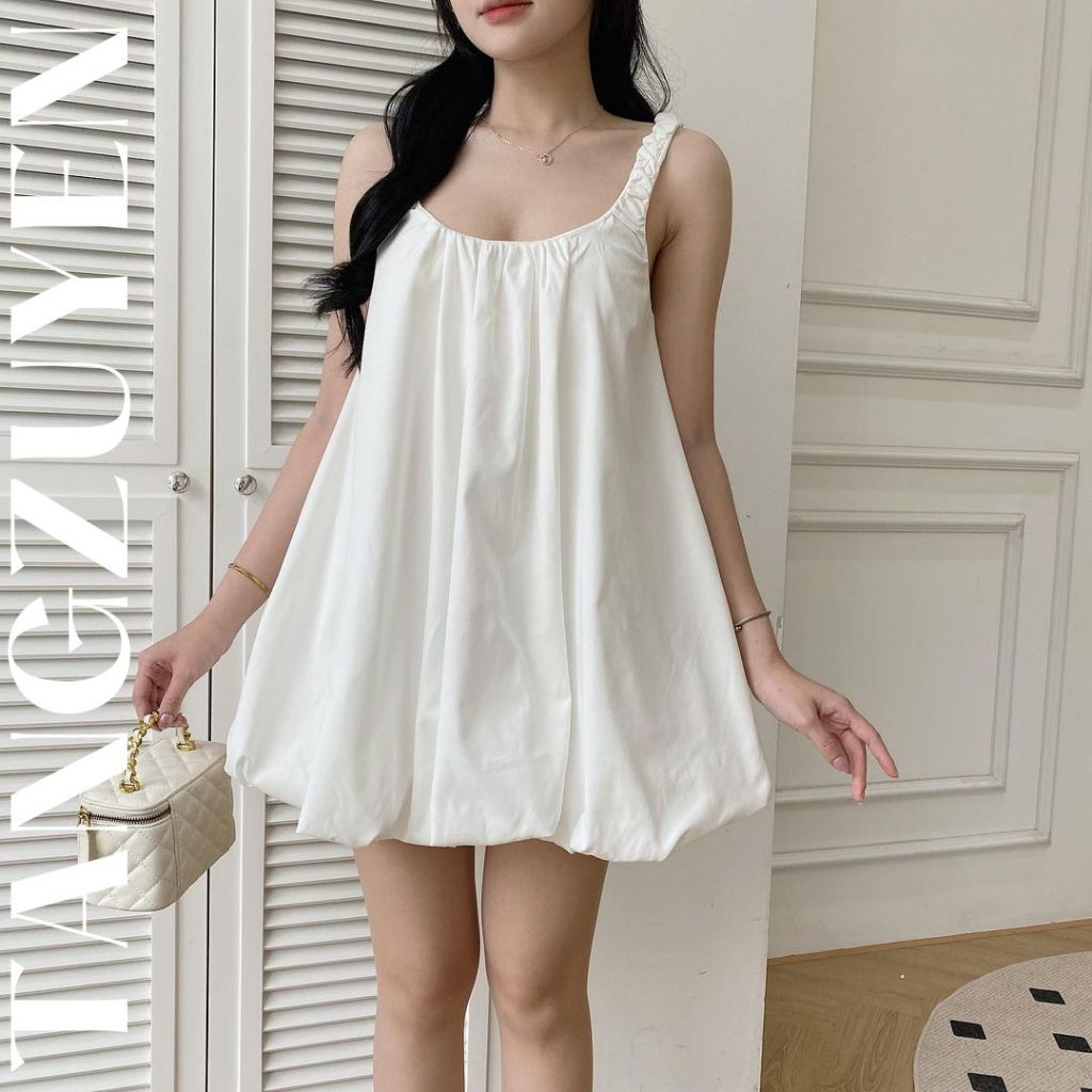 Váy 2 dây babydoll dáng bí phồng 2 lớp cổ vuông Đầm bầu áo dáng rộng cute dễ thương chubby T219G