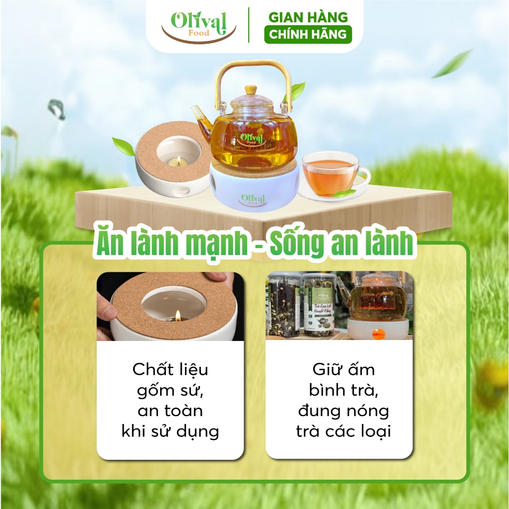 Bộ bình trà bằng thủy tinh - Đế nến hâm nóng trà OlivalFood bằng gốm sứ tráng men tiện dụng