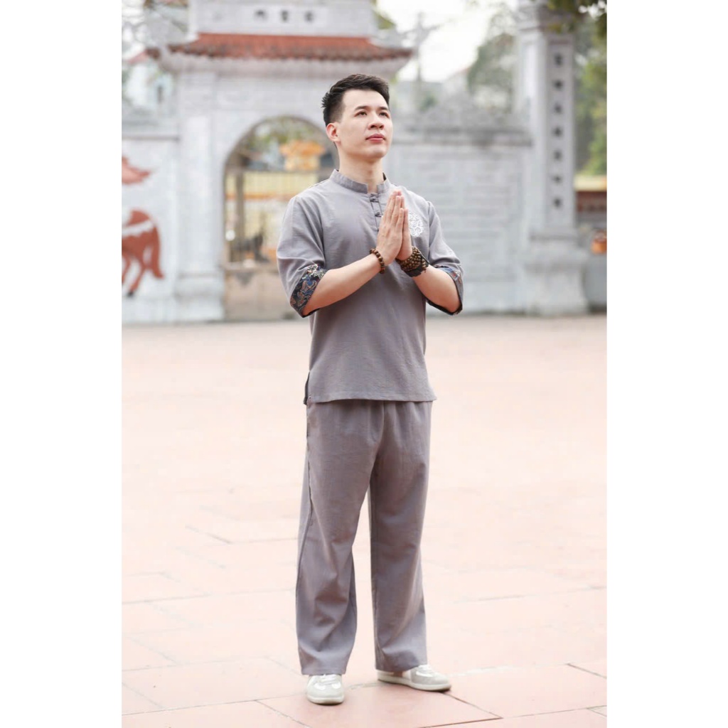 Pháp phục đi chùa nam cổ trụ vải đũi phối viền Bộ điì đi chùa cho nam 55-85kg mặc lễ tết đũi mềm mát
