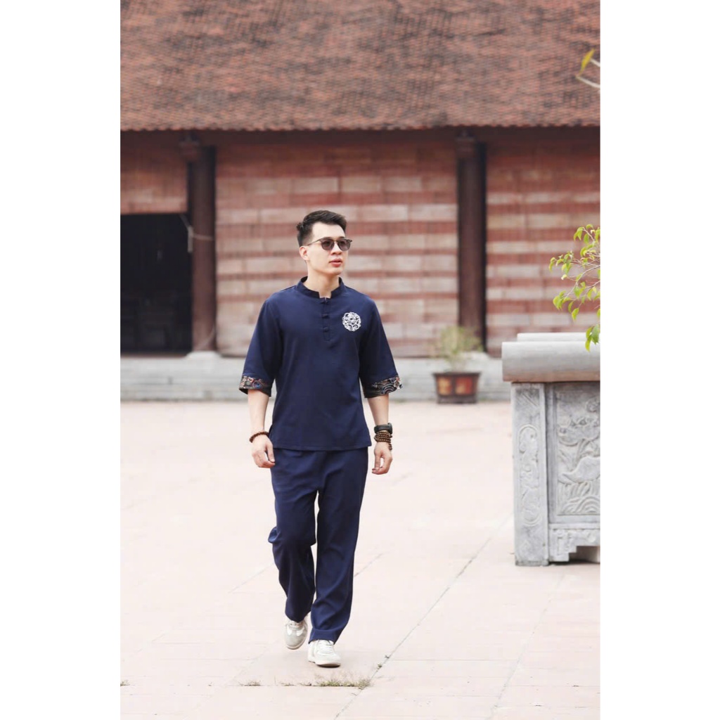 Pháp phục đi chùa nam cổ trụ vải đũi phối viền Bộ điì đi chùa cho nam 55-85kg mặc lễ tết đũi mềm mát