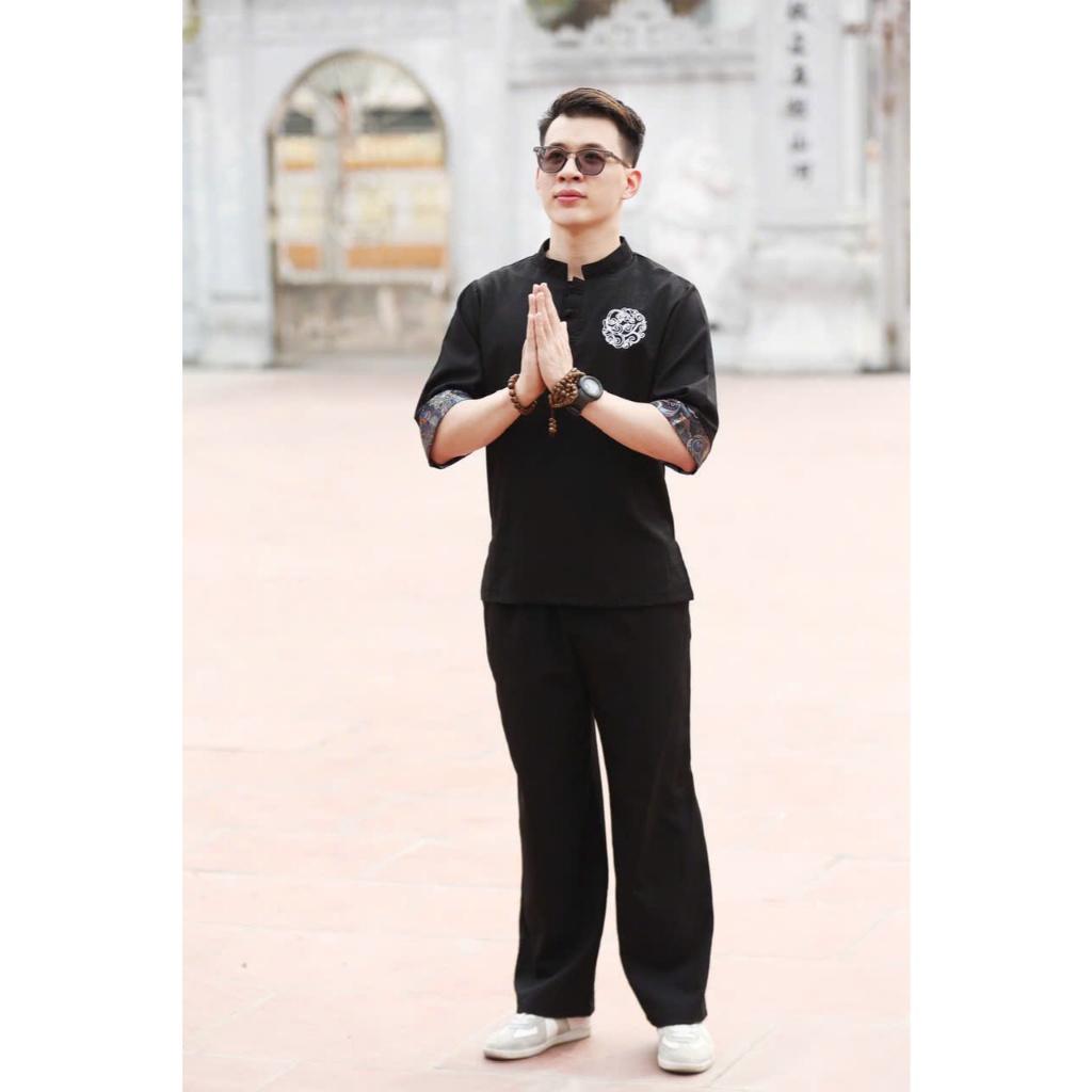 Pháp phục đi chùa nam cổ trụ vải đũi phối viền Bộ điì đi chùa cho nam 55-85kg mặc lễ tết đũi mềm mát