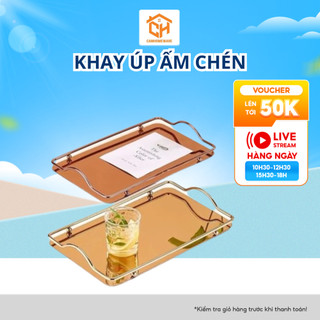 Khay Úp Ấm Chén Bình Cốc 4 Bi Chữ Nhật Mạ Vàng Tráng Gương Cam Homeware