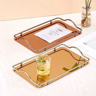 Khay Úp Ấm Chén Bình Cốc 4 Bi Chữ Nhật Mạ Vàng Tráng Gương Cam Homeware