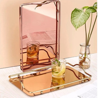 Khay Úp Ấm Chén Bình Cốc 4 Bi Chữ Nhật Mạ Vàng Tráng Gương Cam Homeware