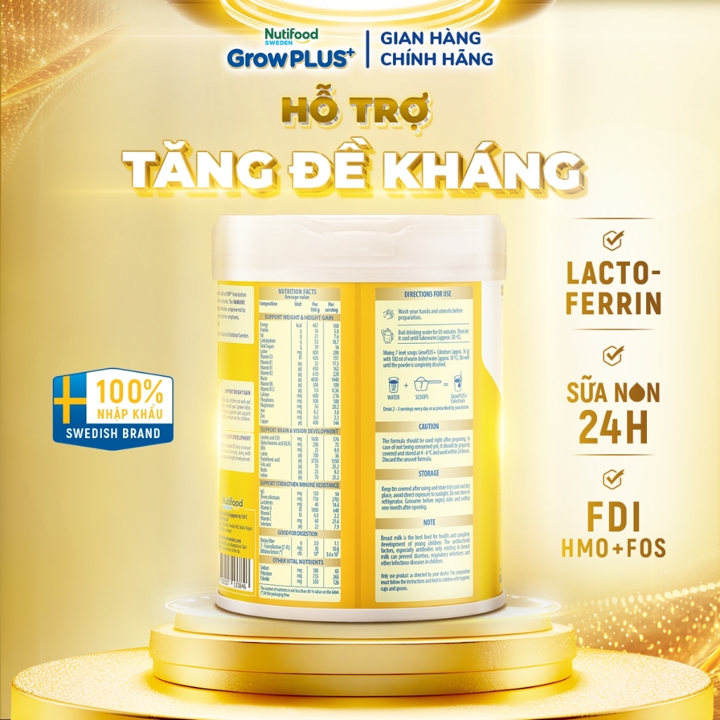 Combo 2 Sữa bột Nutifood Sweden GrowPLUS+ Colostrum Lactoferrin 1+ 800g