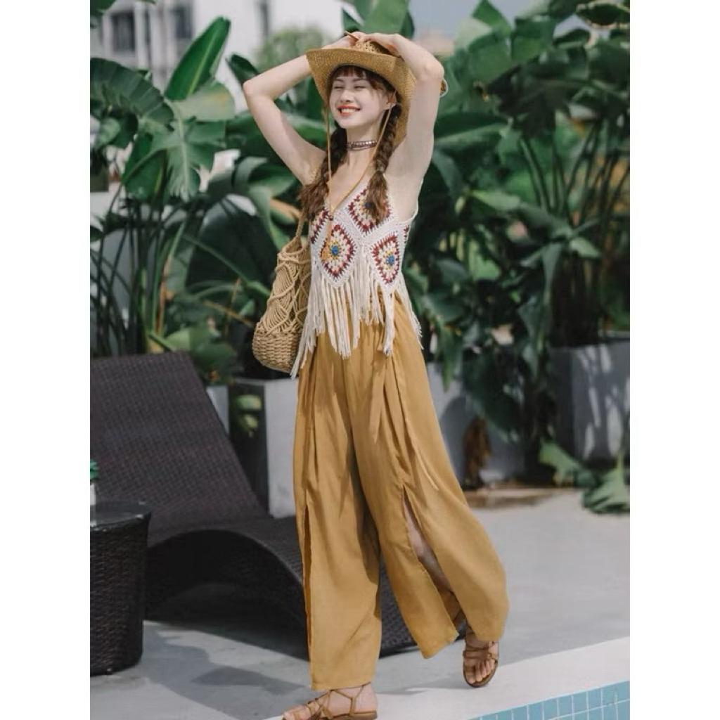 Quần Vàng VinTage Phong Cách Bohemian Dáng Xuông Loe Thời Trang Du Lịch Nữ Năm 2025
