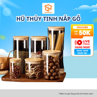Hũ Thủy Tinh Nắp Tỗ Cao Cấp Đựng Thực Phẩm, Lọ Gia Vị Tròn Nắp Tre Cam Homeware