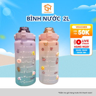 Bình Nước Dễ Thương 2L Có Vạch Báo Giờ Tặng Stiker Cam Homeware