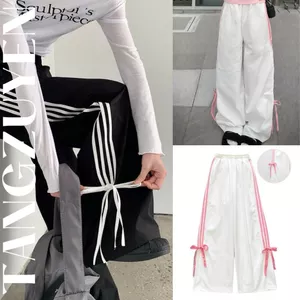 Quần dài ống rộng kaki cạp chun lưng cao 4 sọc thắt dây nơ Quần ống suông nữ đen trắng thể dục thể thao T445G MONOKA